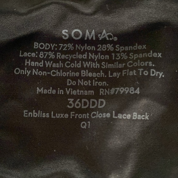 SOMA ENBLISS LUXE Front-Close Lace-Back Bra BLACK 36DDD 36F racer cross - Picture 4 of 4